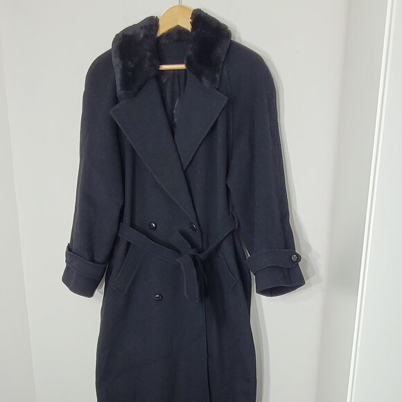 Heritage House Vintage Black Pure Virgin Wool Faux Fur Belted Double-Breasted - Picture 2 of 13